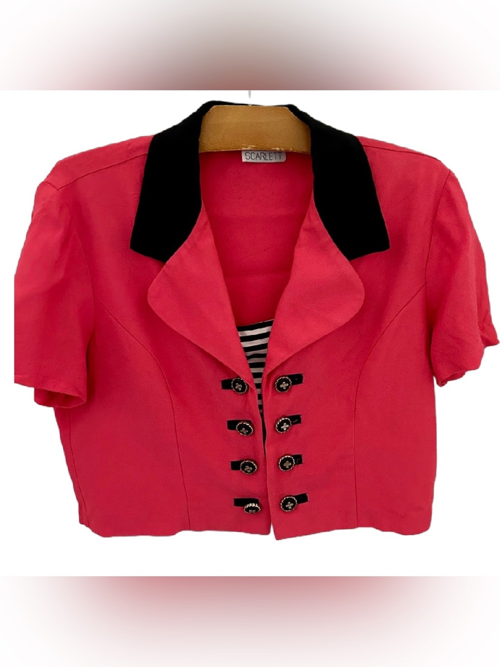 Vintage Scarlett Cropped Nautical Blazer Pink Black Made USA 80s 90s